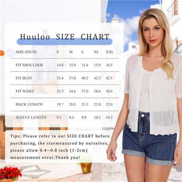 Women's Short Sleeve Summer Hollow Out Crew Neck Button Down Cardigan Sweater - Picture 6 of 7